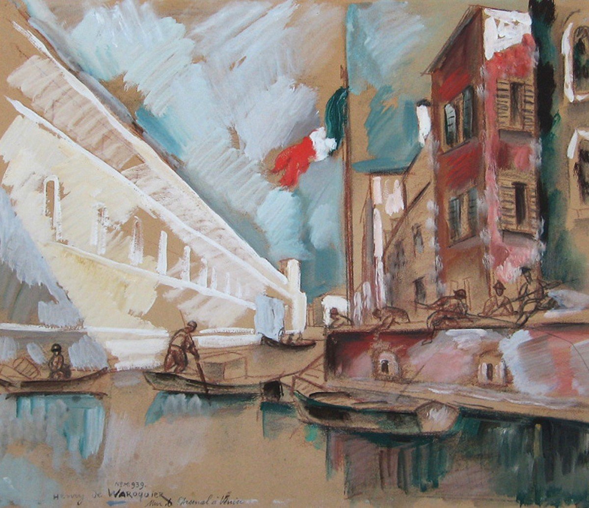 WAROQUIER DE Henry (1881-1970) "Mur de l'Arsenal à Venise" Grand Dessin/Crayon noir, gouache, Signé