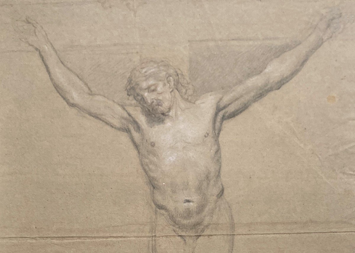 GIRARDET Jean (1709-1778) "Le Christ en Croix" Dessin à la pierre noire et craie blanche-photo-2