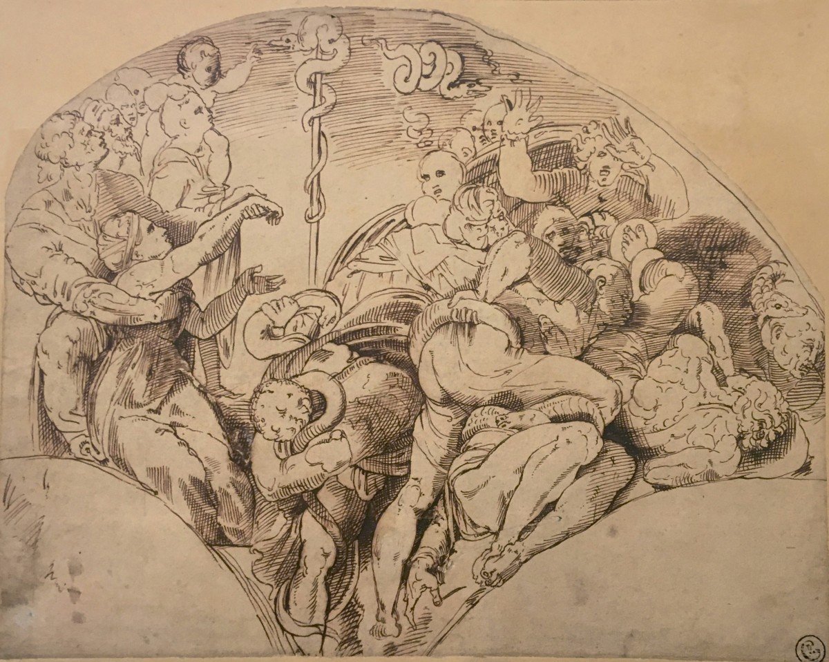 Italian School 16th Century "the Brazen Serpent After The Sistine Chapel" Pen Drawing-photo-2
