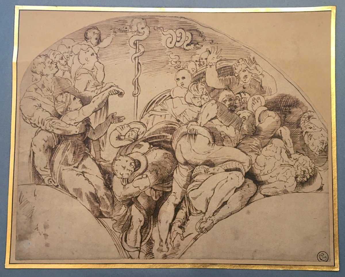 Italian School 16th Century "the Brazen Serpent After The Sistine Chapel" Pen Drawing