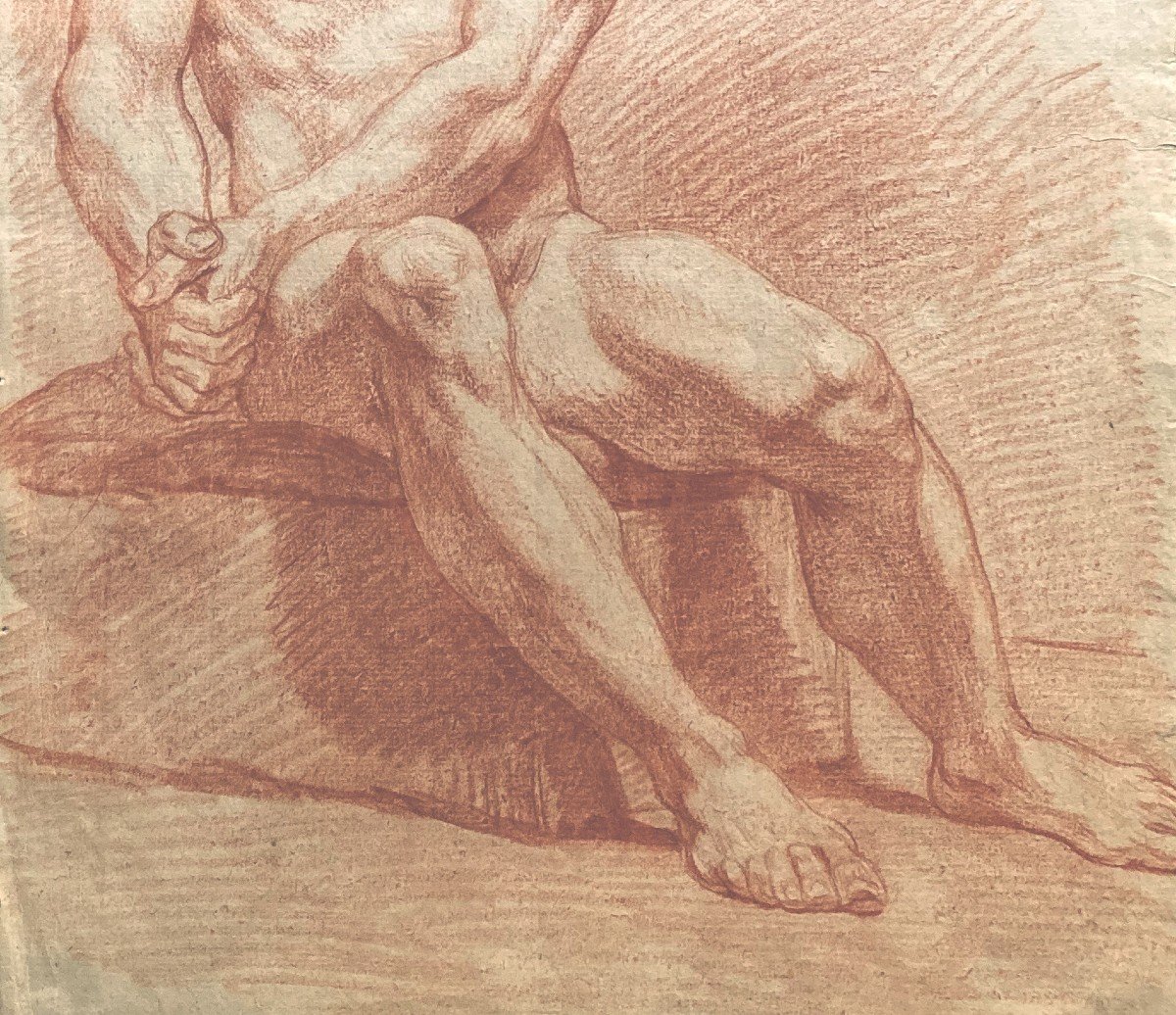 French School 18th Century "academy Of A Seated Man" Drawing In Red Chalk-photo-3