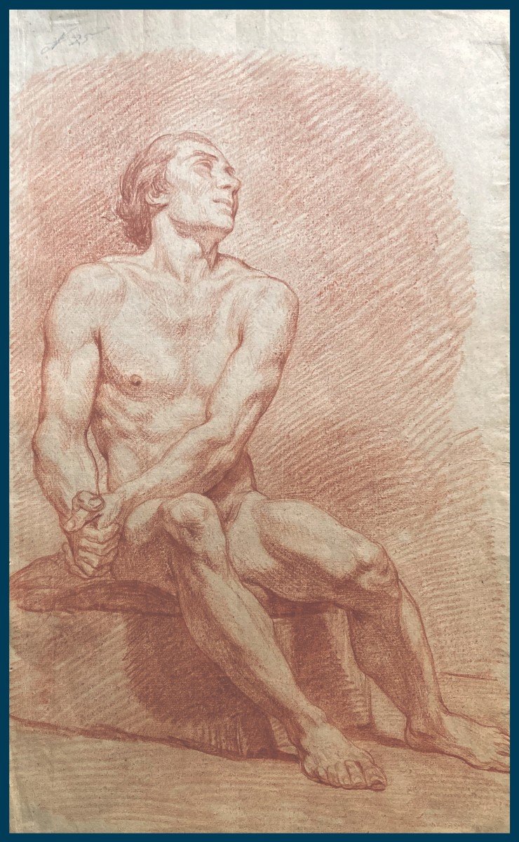 French School 18th Century "academy Of A Seated Man" Drawing In Red Chalk