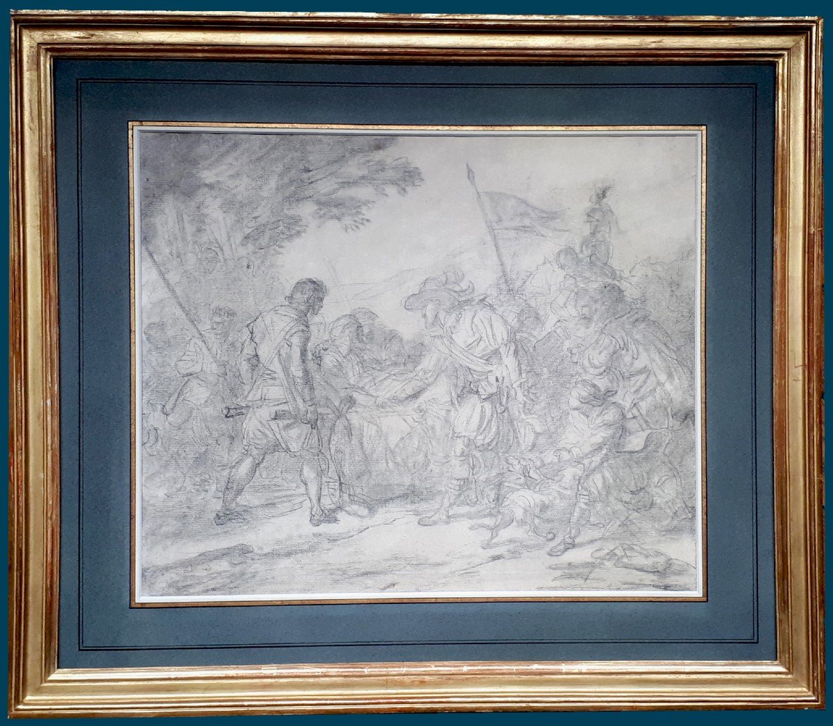 VINCENT François André (1746-1816) "Henri IV & Sully blessé" Dessin à la pierre noire,Cadre 19e