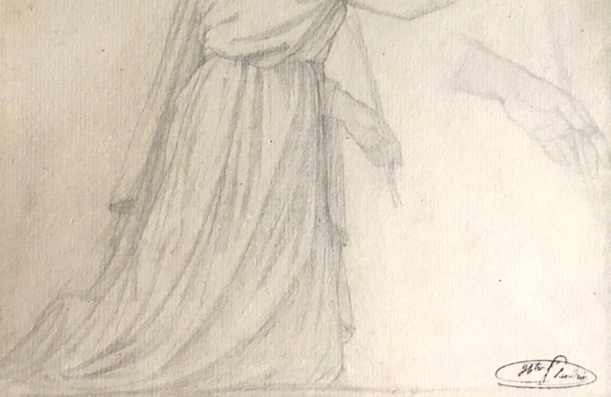FLANDRIN Hippolyte (1809-1864) Elève INGRES "Femme agenouillée" Dessin/Crayon noir,Signé/Cachet-photo-3