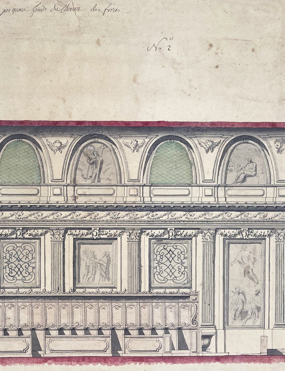 French School 18th "facade Of A Church From The Sanctuary" Drawing/pen, Grey Wash & Watercolor-photo-3