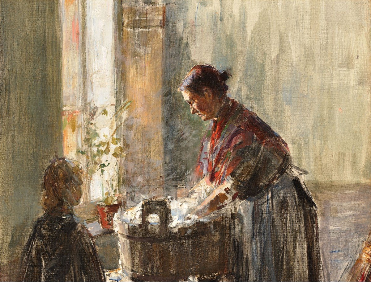 PARIS Edouard (Né en 1870) élève MERSON, école SUISSE "Femme lavant du linge" Huile/toile,Signé-photo-2