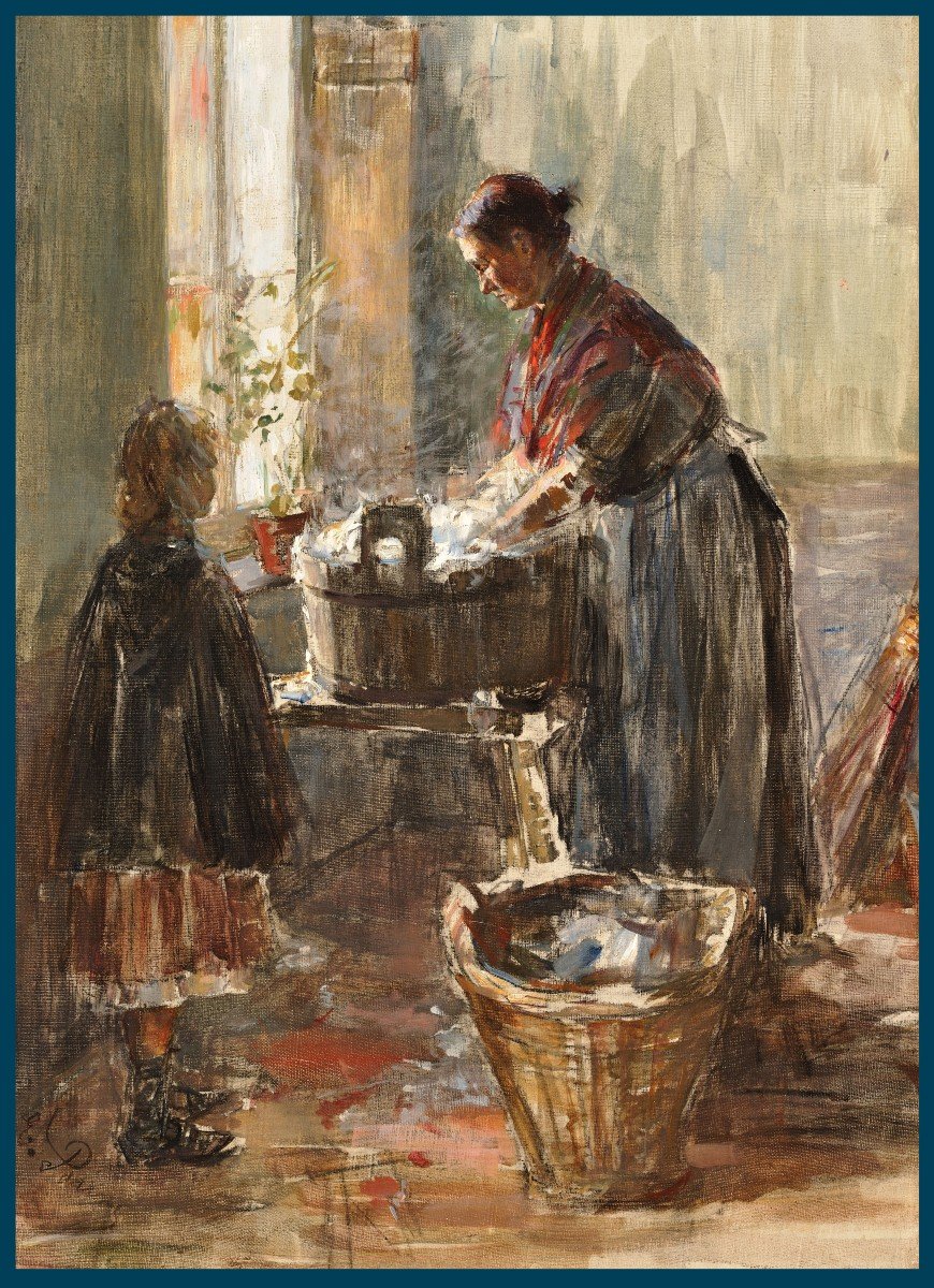 PARIS Edouard (Né en 1870) élève MERSON, école SUISSE "Femme lavant du linge" Huile/toile,Signé