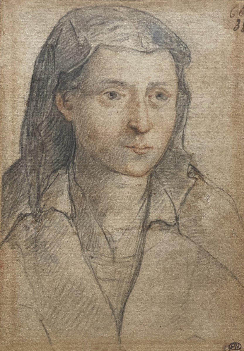 ZUCCARO Frédérico (1542-1609) "Portrait mère de l'artiste"Dessin/Pierre noire,Provenance/Cachet