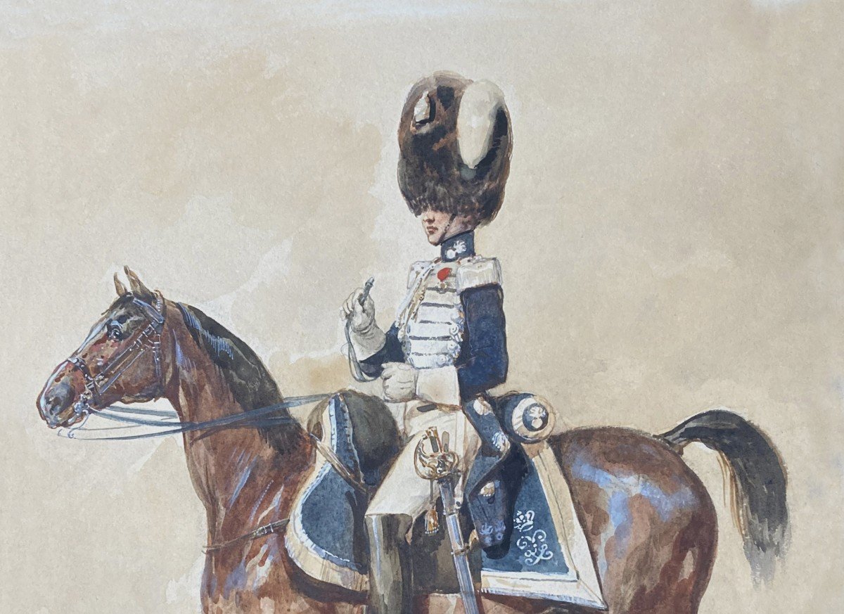 LAMI Eugène (1800-1890)"Officier 1er Régiment Grenadiers à cheval Garde Royale" Aquarelle,Signé-photo-2