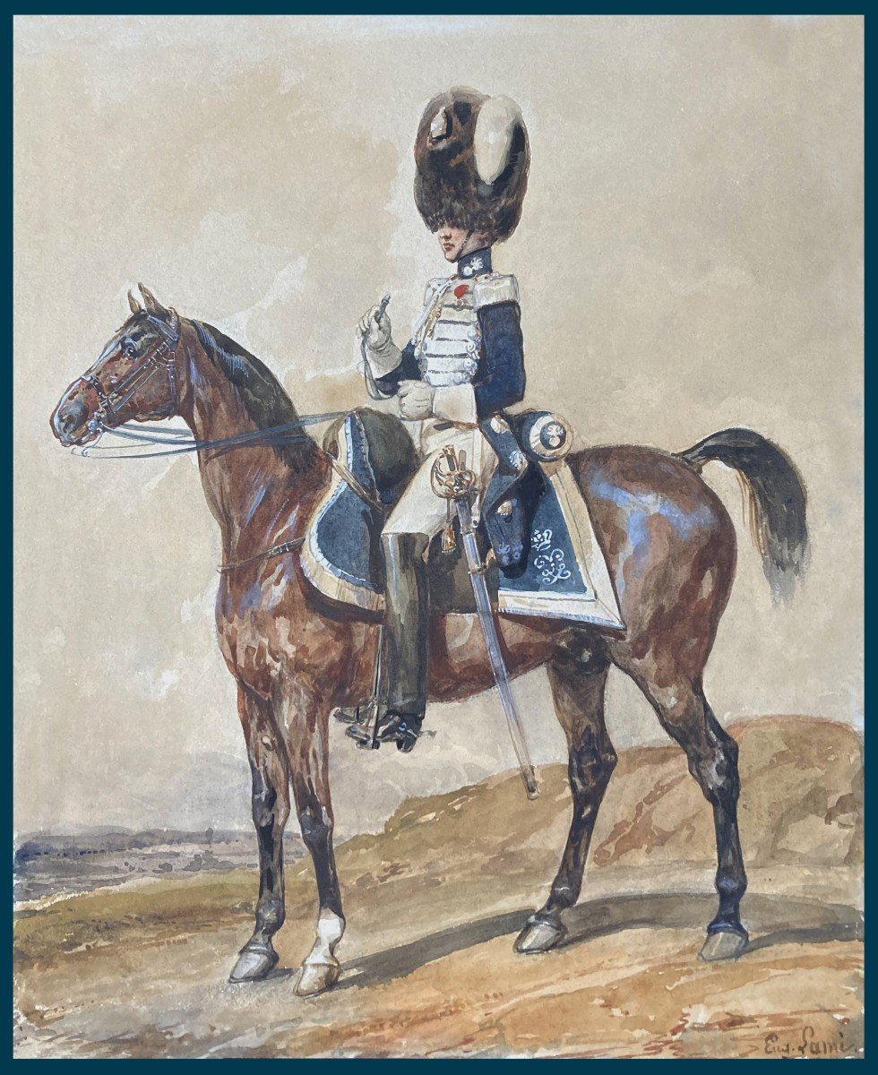LAMI Eugène (1800-1890)"Officier 1er Régiment Grenadiers à cheval Garde Royale" Aquarelle,Signé