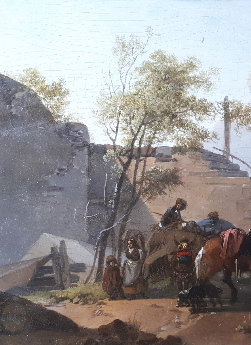 HAMON DUPLESSIS Michel (Actif au 18e) "Paysage animé aux cavaliers" Huile/panneau, signé, Cadre-photo-2