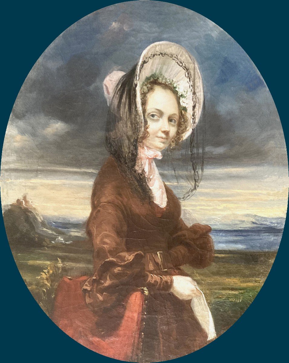 French School Circa 1830 "woman With A Hat" Oil On Canvas, 19th Century Frame