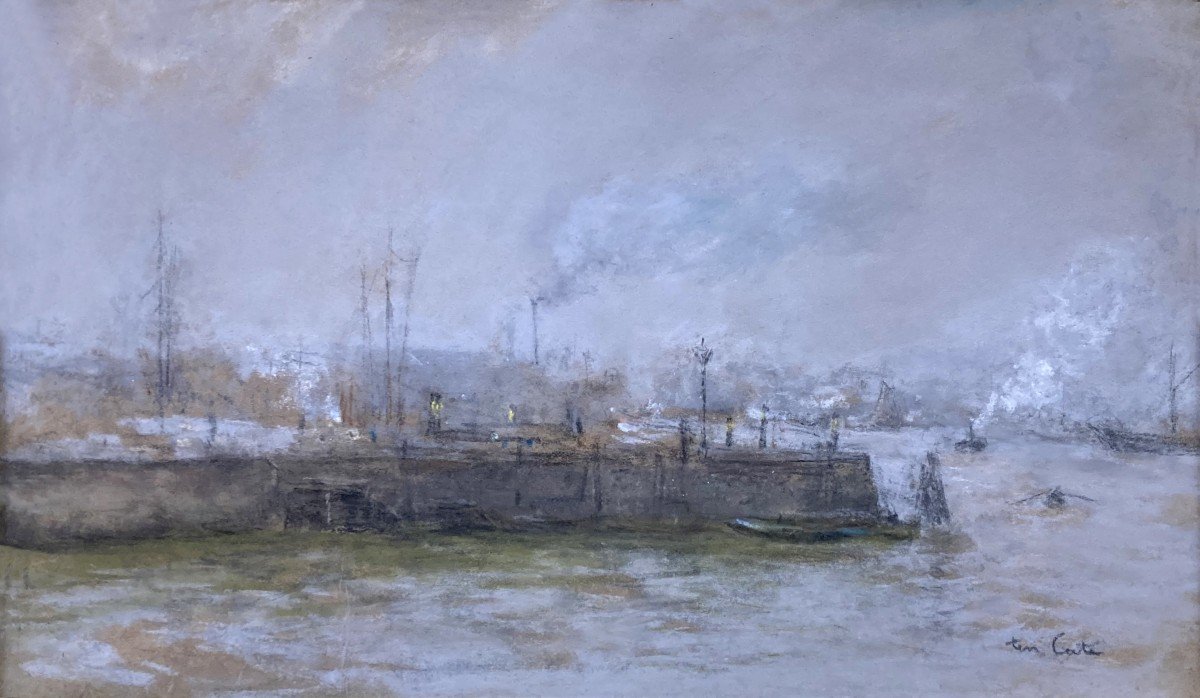 TEN CATE (1858-1908) "Scène de port" Pastel, Signé, Cadre fin 19e-photo-2