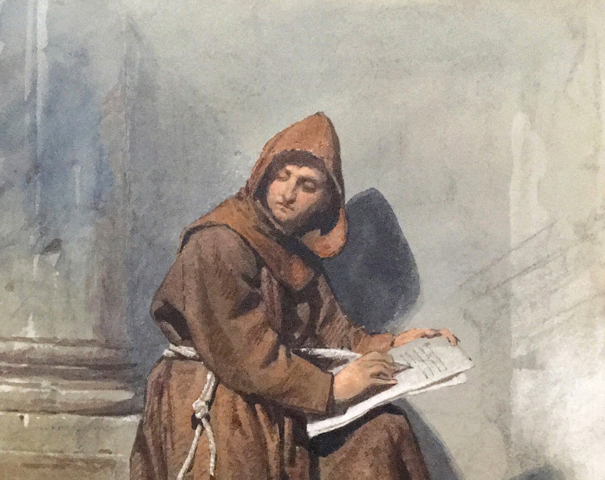 Haag Carl (1820-1915) German School "the Monk & The Mouse" Watercolor, Located "roma" Dated, Signed-photo-3