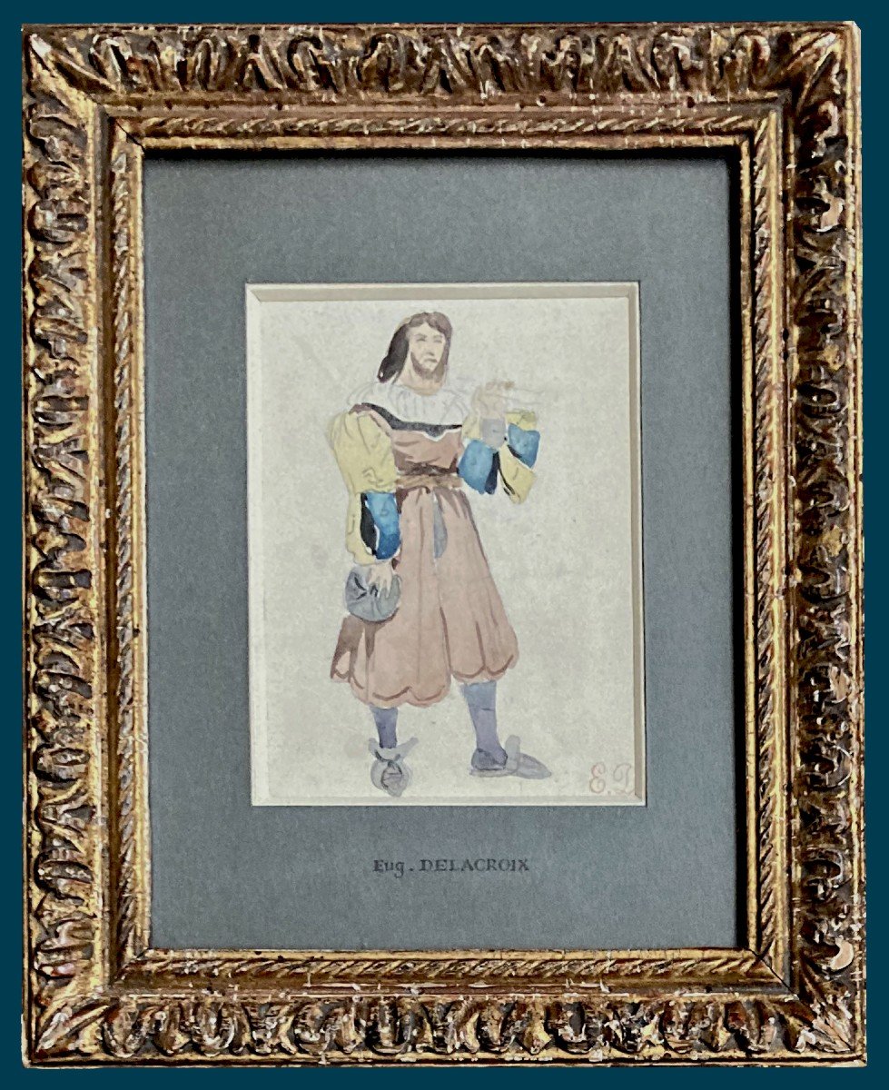 Delacroix Eugène (1798-1863) "troubadour Character" Watercolor, Provenance, Stamp, 18th Century Frame