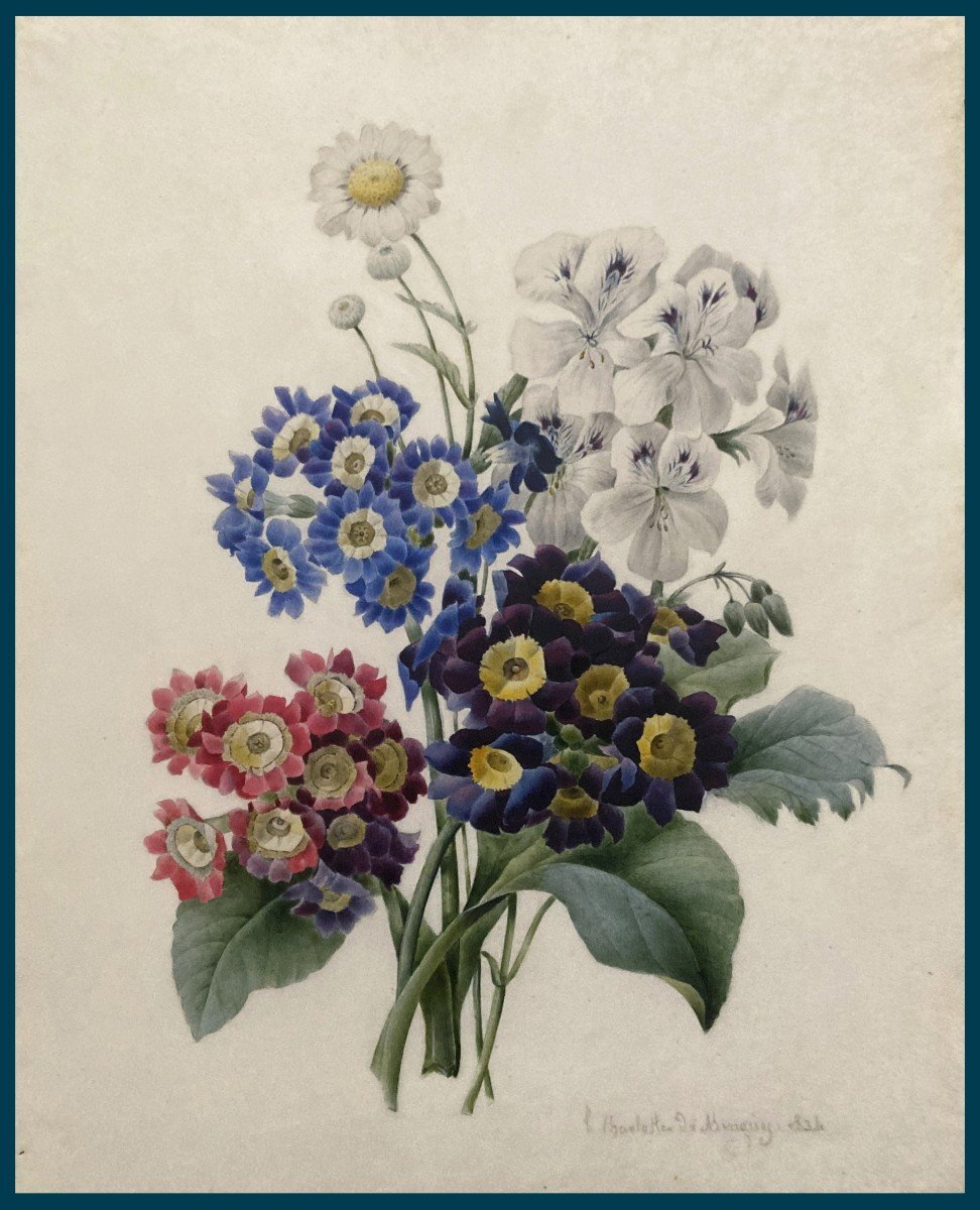 Du Minguy Charlotte (active In19th Century) "flowers" Watercolor/vellum,signed,dated, 19thframe