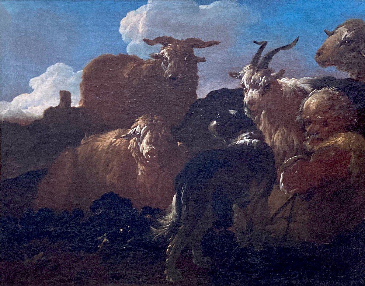 ROOS Philipp Peter Dit ROSA DI TIVOLI (1655-1706)"Berger et son troupeau" Huile/toile,Cadre 19e-photo-2