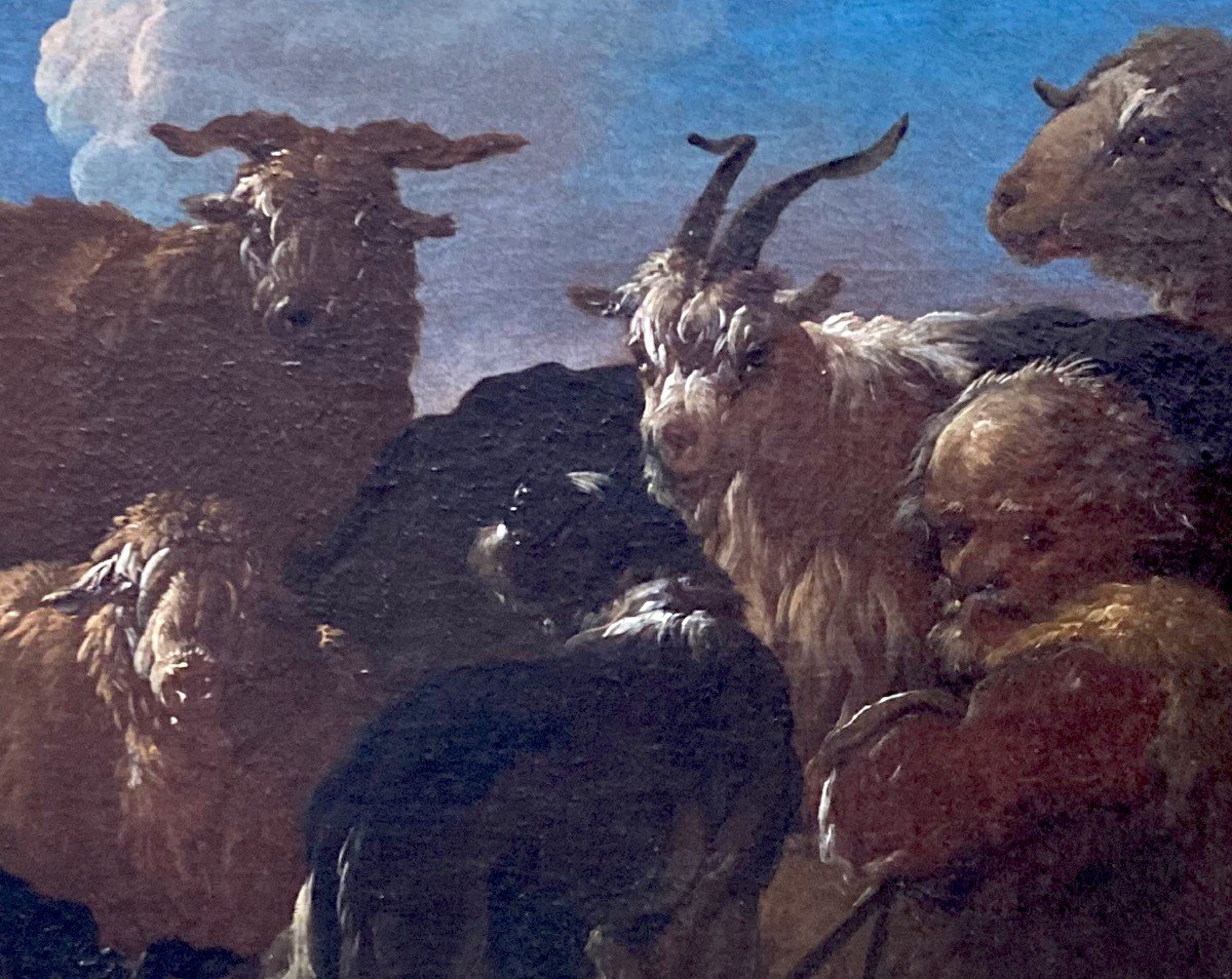 ROOS Philipp Peter Dit ROSA DI TIVOLI (1655-1706)"Berger et son troupeau" Huile/toile,Cadre 19e-photo-3