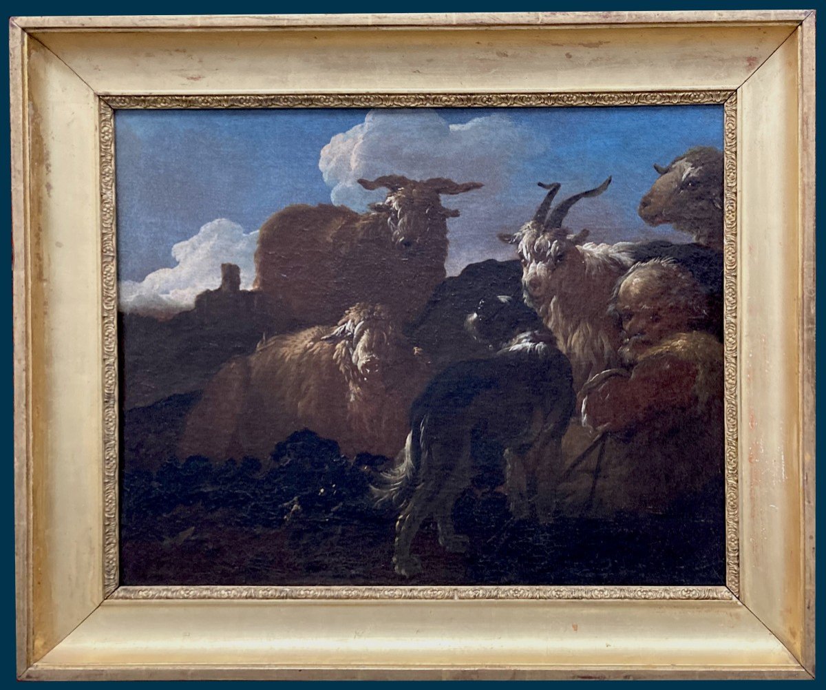 ROOS Philipp Peter Dit ROSA DI TIVOLI (1655-1706)"Berger et son troupeau" Huile/toile,Cadre 19e