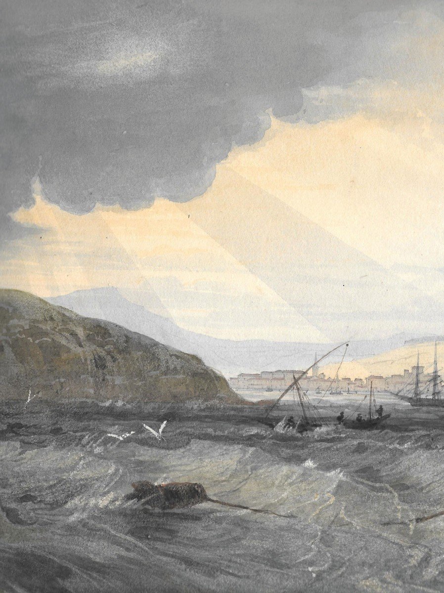 FIELDING Newton (1799-1856) Ecole Anglaise "Ponte Longone, Ile d'Elbe" Aquarelle, annotée-photo-2