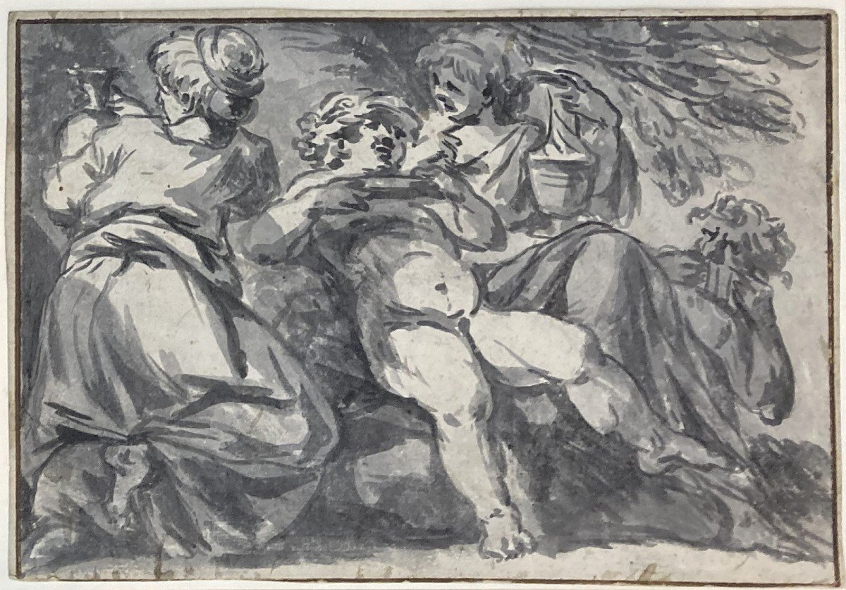 ECOLE ITALIENNE 18E SIECLE "Bacchus" Dessin au lavis gris-photo-4