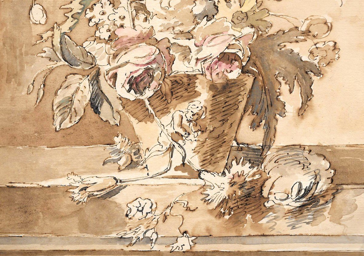 ECOLE HOLLANDAISE FIN DU 17E SIECLE "Bouquet de fleurs" Dessin à la plume, lavis et aquarelle-photo-3