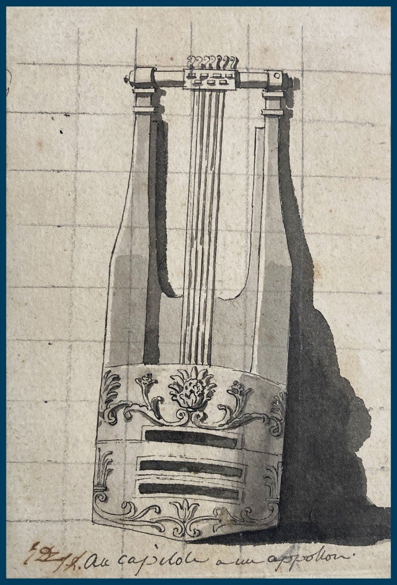 DAVID Jacques Louis (1748-1825) "Etude de lyre" Dessin/Crayon noir,plume,lavis,Provenance,Cadre