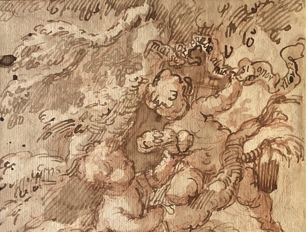 ECOLE ITALIENNE 18E SIECLE "Angelots" Dessin/Plume, lavis brun, crayon sanguine, Cadre 18e-photo-2