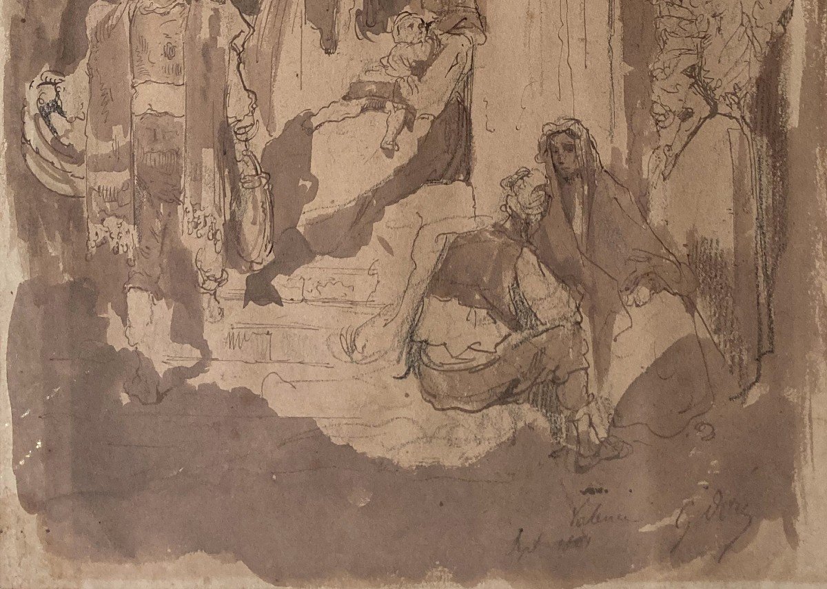 DORE Gustave (1832-1883) "Scène animée à Valence,Espagne" Dessin/Plume,lavis brun, Signé, Situé-photo-3
