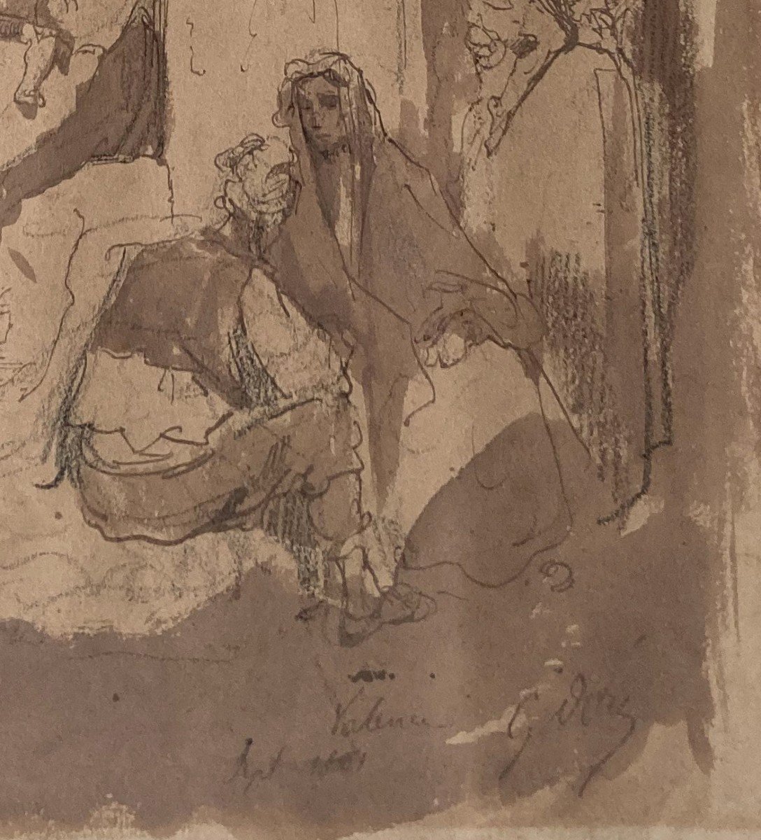 DORE Gustave (1832-1883) "Scène animée à Valence,Espagne" Dessin/Plume,lavis brun, Signé, Situé-photo-4