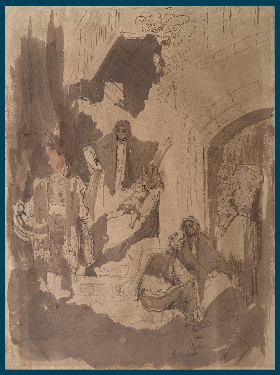 DORE Gustave (1832-1883) "Scène animée à Valence,Espagne" Dessin/Plume,lavis brun, Signé, Situé