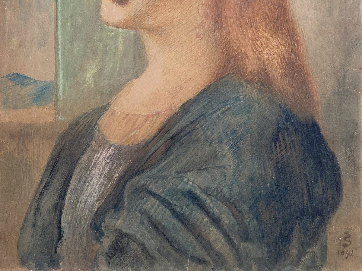 SALOMON Siméon (1840-1905),Préraphaélite "Portrait Femme" Dessin/Aquarelle,Signé,Daté,Cadre 19e-photo-3
