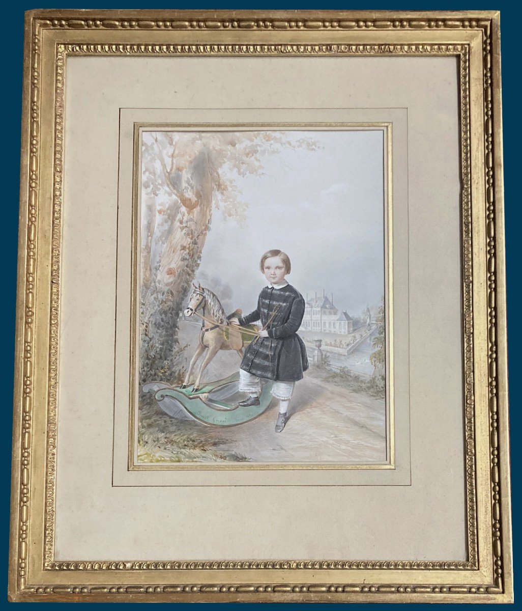 Girard Ernest (1813-1898) "little Boy And Horse" Drawing/gouache, Signed, Located, Dated, Beautiful Frame