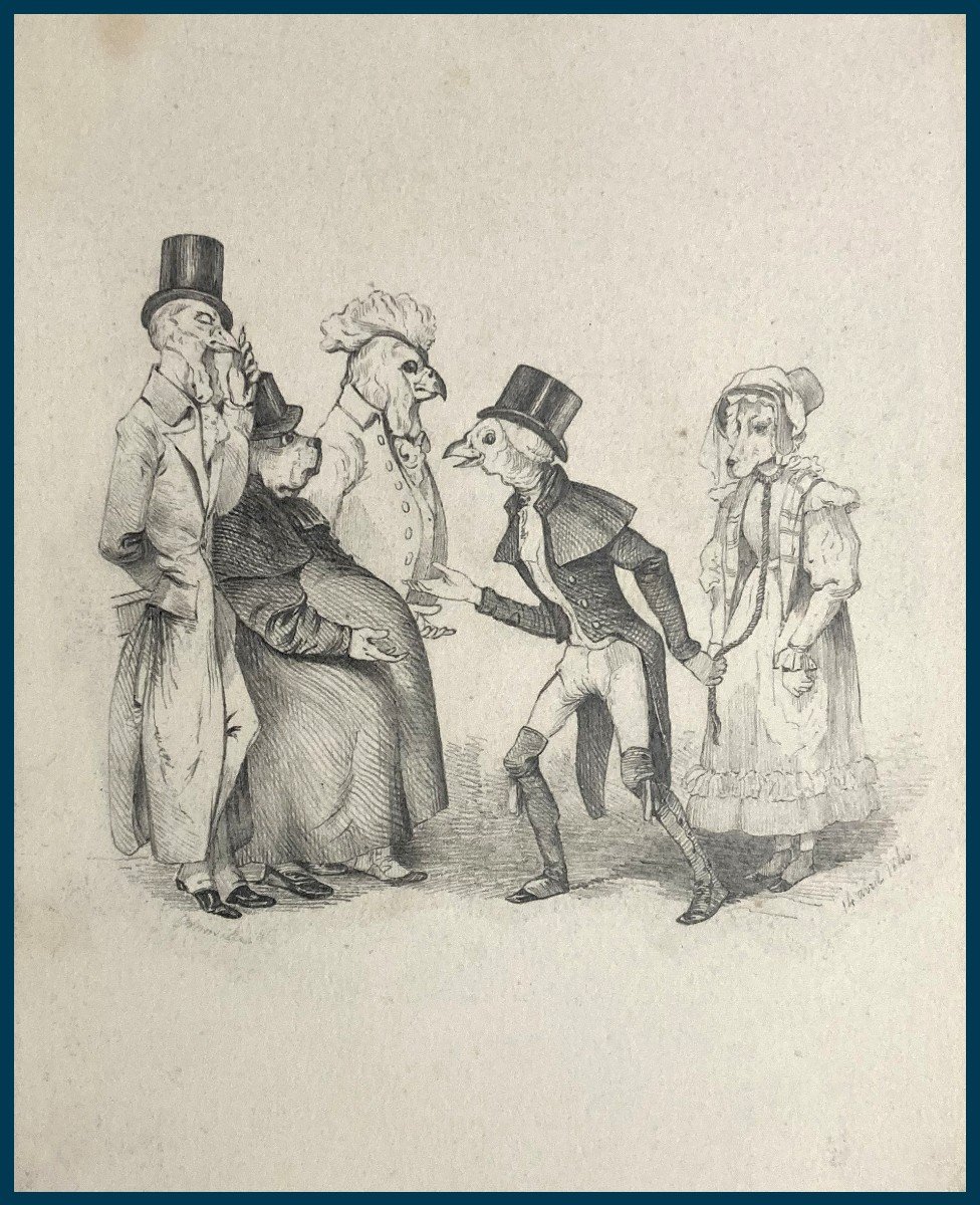 Grandville Jean-ignace Isidore (1803-1847) "the Animals" Drawing In Black Pencil, Signed And Dated