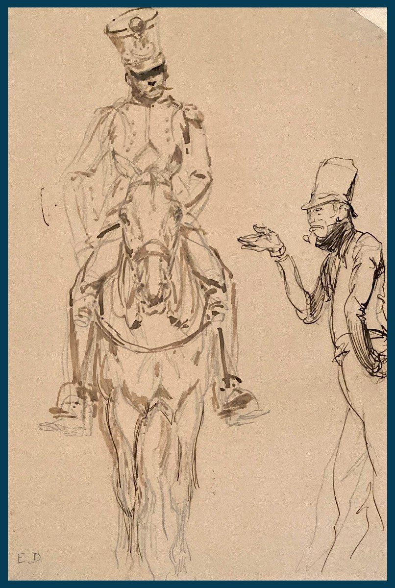 DETAILLE Edouard (1848-1912) "Cavalier et personnage" Dessin/Crayon noir,plume,lavis,monogrammé
