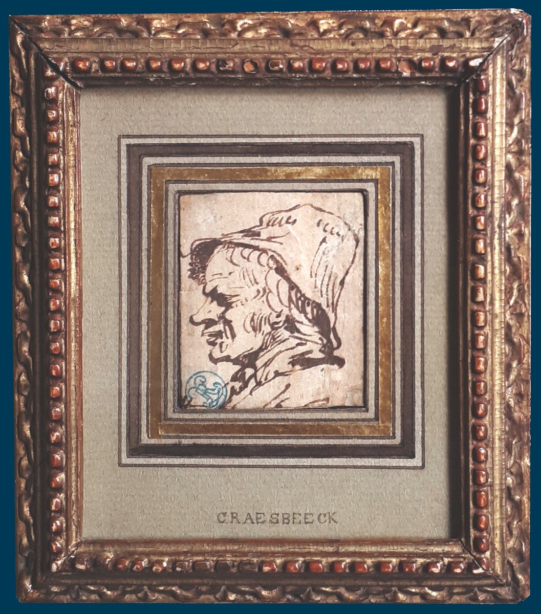 CRAESBEECK Joos Van (1606-1661) Ec. Flamande"Tête d'homme"Dessin/Plume, lavis brun, Provenance