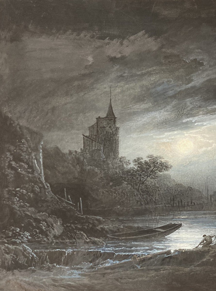 NOEL Alexandre (1752-1834) "Paysage nocturne" Gouache, Signé, Son cadre vers 1800-photo-2