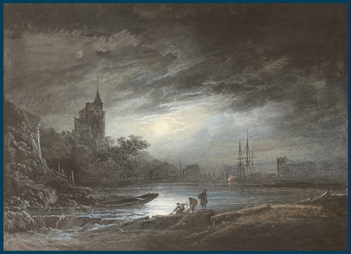 NOEL Alexandre (1752-1834) "Paysage nocturne" Gouache, Signé, Son cadre vers 1800
