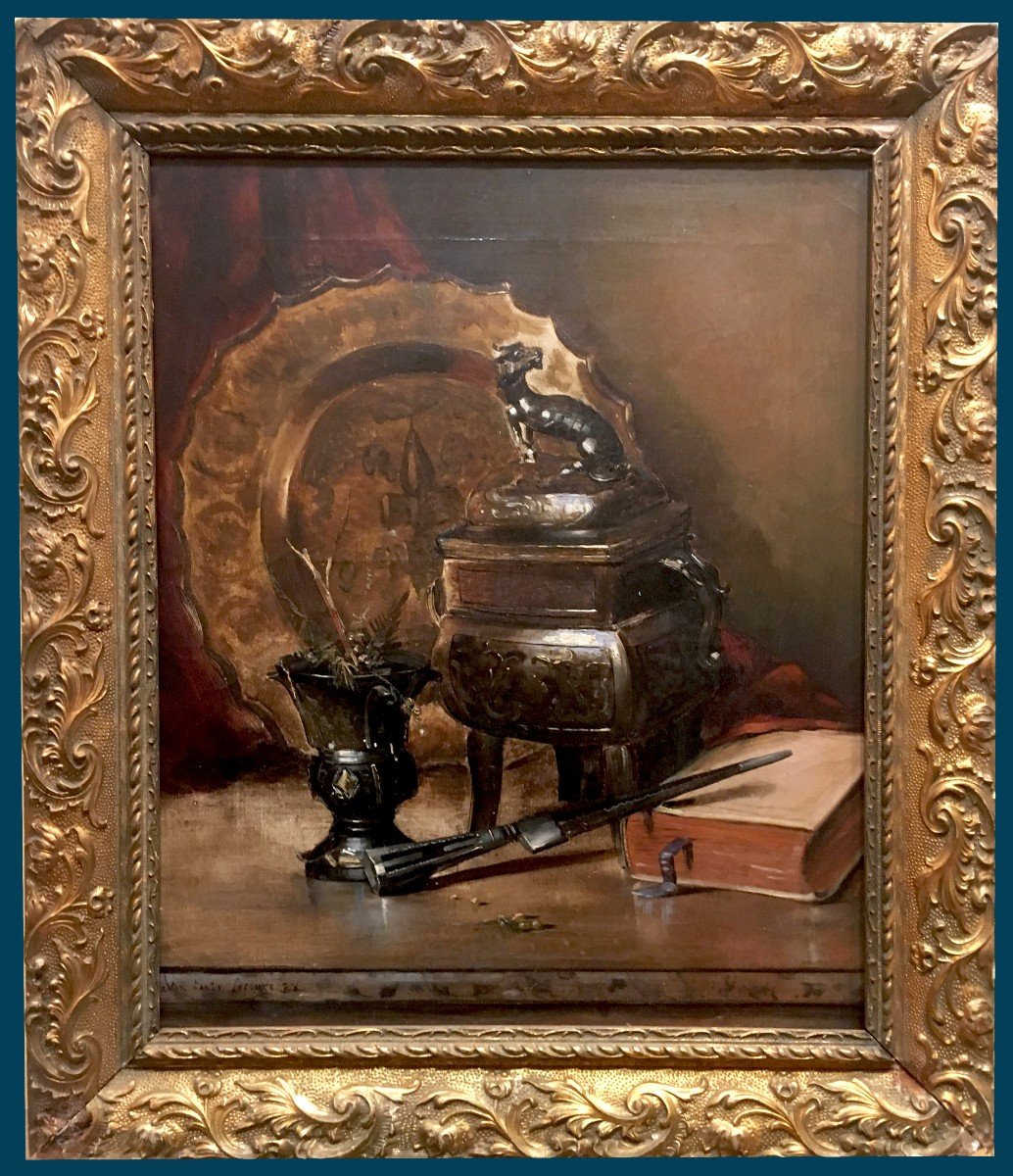 Fanty Lescure Gaston (1849-1914) "incense Burner And Book", Oil/canvas, Signed, Frame Late 19th