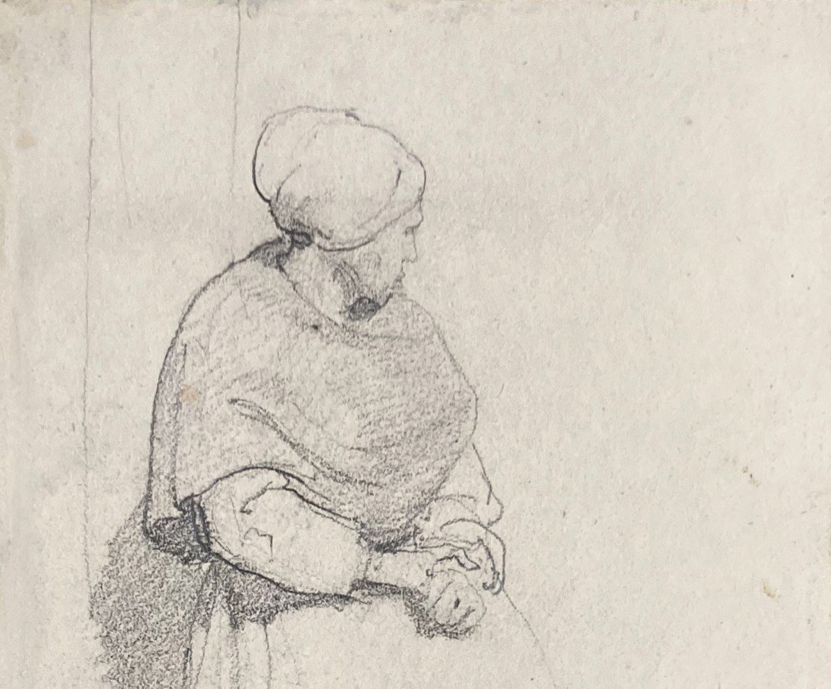 DELAROCHE Paul (1797-1856) "La bonne femme" Dessin au crayon noir, annoté sur montage d'époque-photo-2