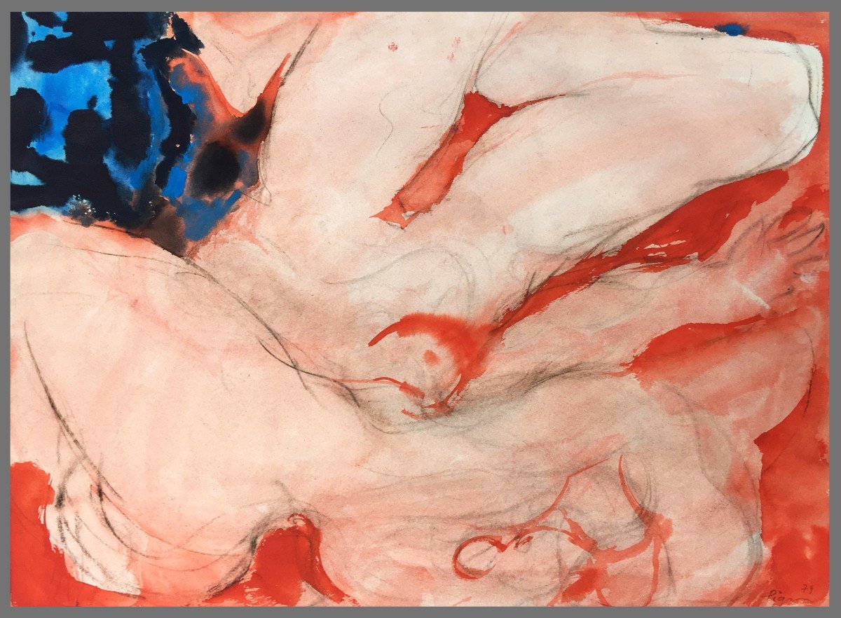 PIGNON Edouard (1905-1993) "Les deux nus roses" Dessin au crayon noir, Aquarelle, Signé et Daté