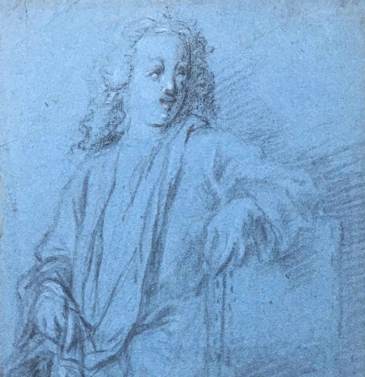 ECOLE FRANÇAISE DEBUT 18E "Personnage drapé" Dessin/Pierre noire, craie blanche sur Papier bleu-photo-2