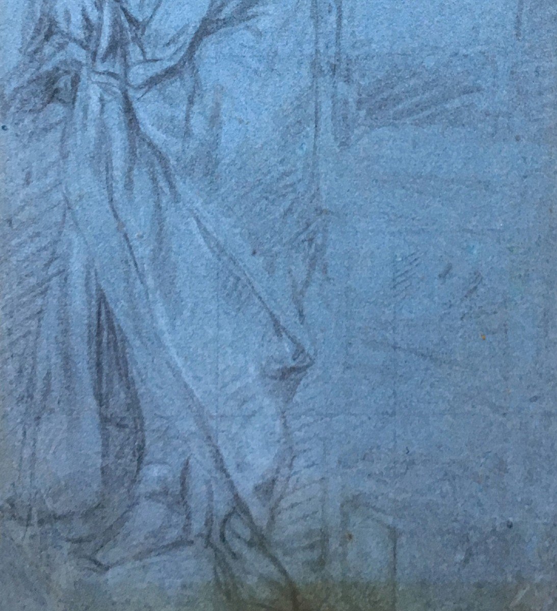 ECOLE FRANÇAISE DEBUT 18E "Personnage drapé" Dessin/Pierre noire, craie blanche sur Papier bleu-photo-3