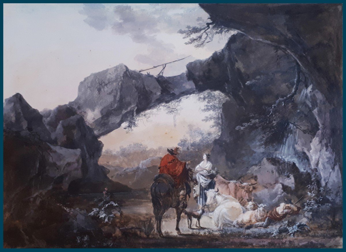French School 18th Century "animated Landscape" Watercolor And Gouache