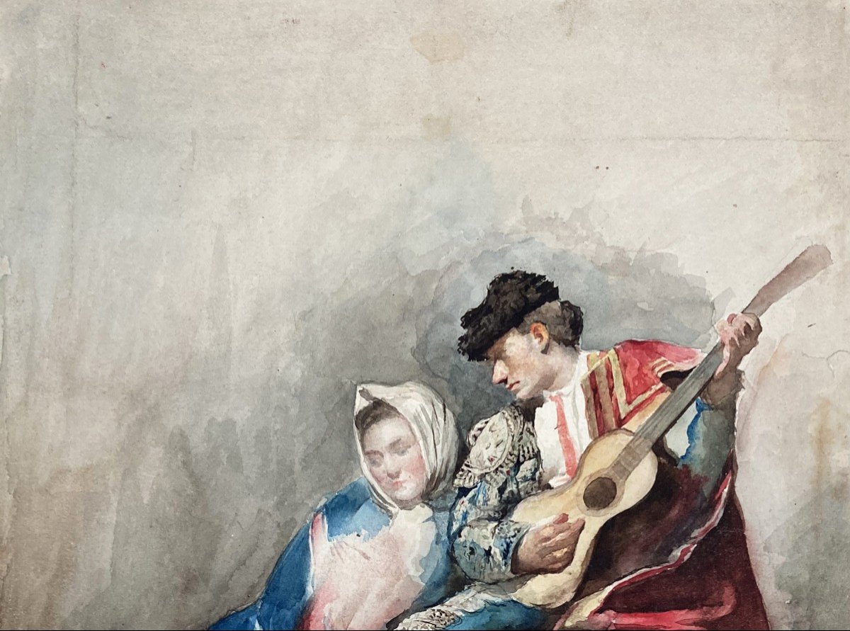 PEREA Y ROJAS Alfredo (1839-1895) Ecole Espagnole "La Sérénade" Aquarelle, Signé, Daté et situé-photo-2