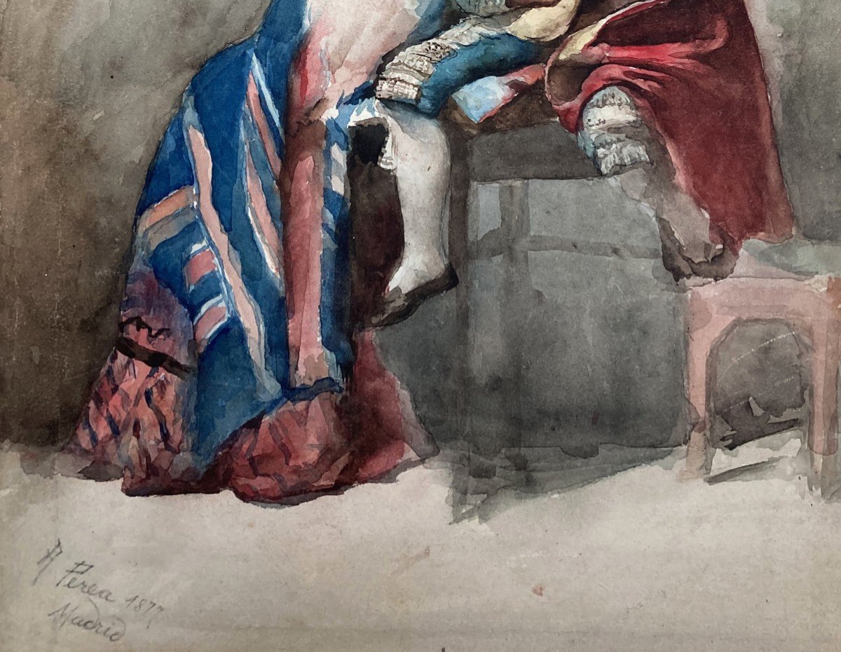 PEREA Y ROJAS Alfredo (1839-1895) Ecole Espagnole "La Sérénade" Aquarelle, Signé, Daté et situé-photo-3