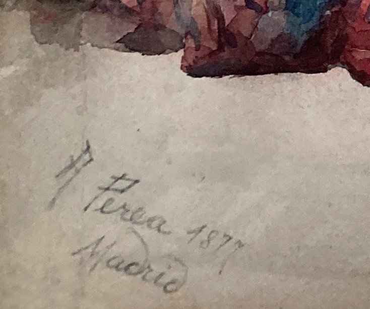 PEREA Y ROJAS Alfredo (1839-1895) Ecole Espagnole "La Sérénade" Aquarelle, Signé, Daté et situé-photo-4