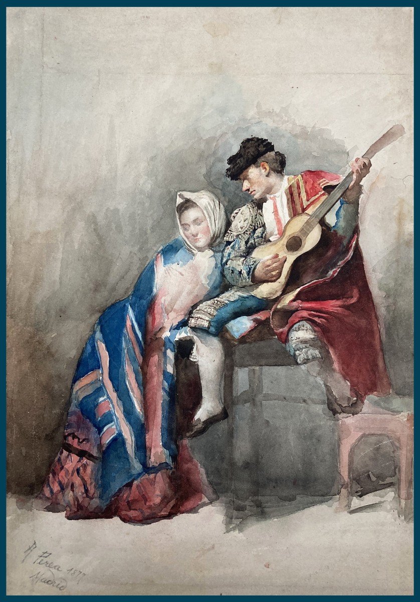 PEREA Y ROJAS Alfredo (1839-1895) Ecole Espagnole "La Sérénade" Aquarelle, Signé, Daté et situé