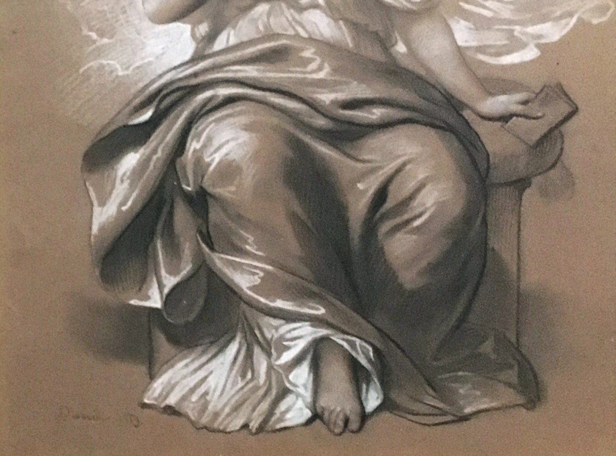 DEVÉRIA Achille (1800-1857) "Femme assise drapée" Dessin/Crayon noir, craie blanche,Signé,Cadre-photo-4