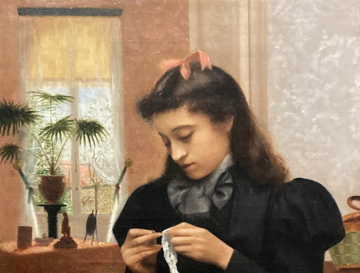 ECOLE FRANCAISE 19E SIECLE "Jeune femme à l'ouvrage" Huile sur toile, Signature illisible-photo-2